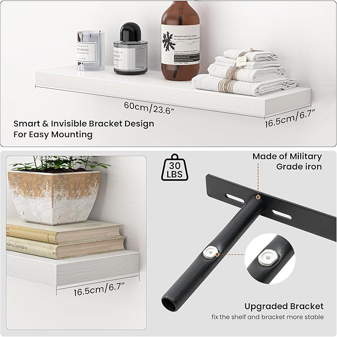 Heimlove 24 Inch Floating Shelves for Wall,Mounted Storage Wood Shelves with Invisible Brackets Hanging Shelf for Bedroom,Living Room,Kitchen,Office,Set of 2,White