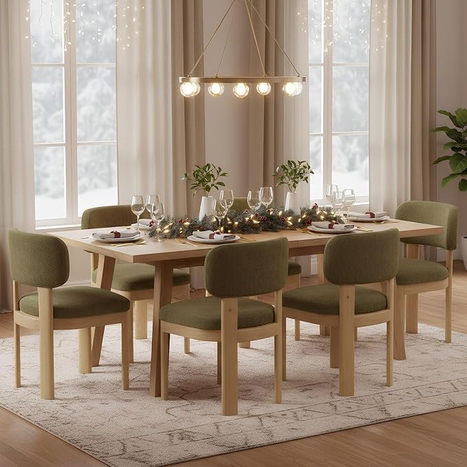 Green Upholstered Dining Chairs Set of 6 Chenille Fabric Dining Room Chairs Modern Barrel Kitchen Chairs with Curved Backrest and Wooden Legs