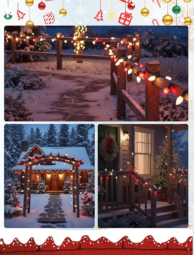 C7 LED Red and White Christmas Lights,25ft Outdoor String Lights with 27 Red White LED Bulbs(2 Spare),Connectable Outside Christmas Lights for Xmas Tree Party Roof Decoration,Green Wire