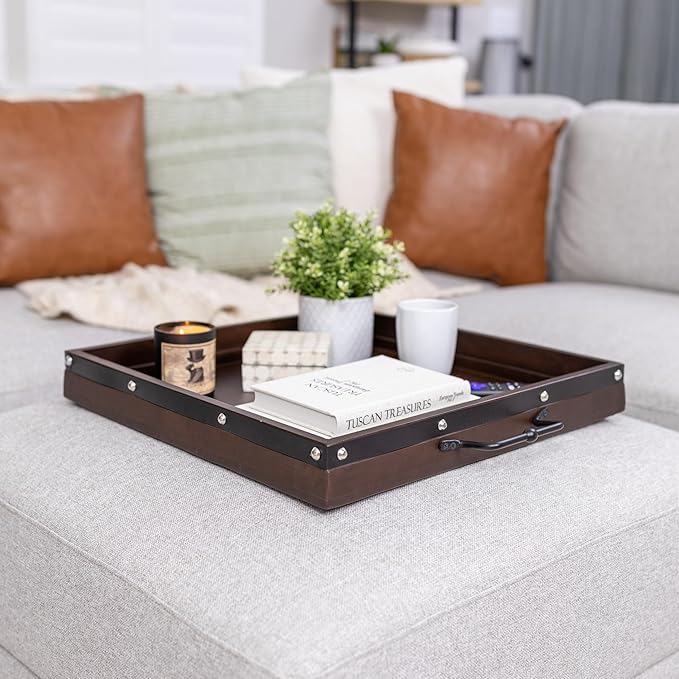 20"x20" Extra Large Square Ottoman Tray, Heavy Duty Mango Wood, for Serving Tea, Breakfast in Bed, Living Room Large Coffee Table Tray Rustic with Farmhouse Style, Decorative Handles and Accent Strap