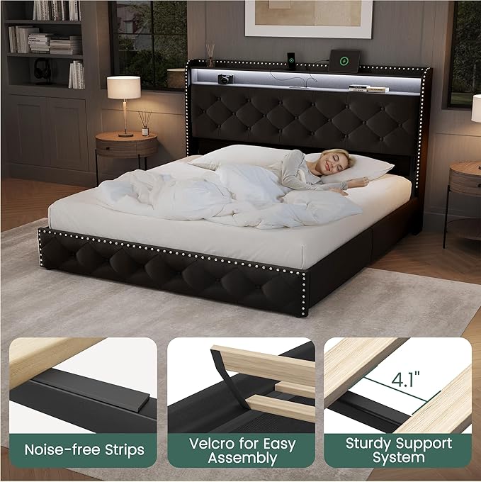 LARMACE Queen Size Bed Frame with Storage & LED Lights & USB Type-C Charging Station,Velvet Upholstered Platform Bed with Headboard and 4 Drawers, No Box Spring Needed, Easy Assembly, Black