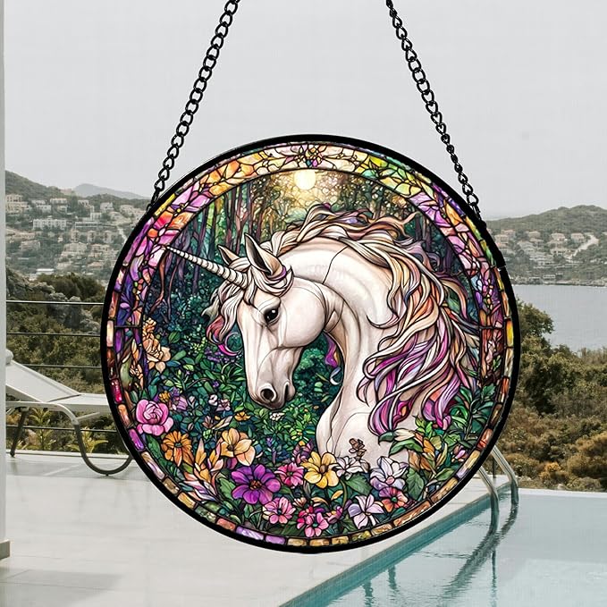 Stained Glass Window Hanging, Unicorn Flowers Suncatcher for Doors Home Sun Catchers Decoration and Christmas, Mother's Day Birthday Gifts for Women, Men, and Mom 14.9x14.9 in