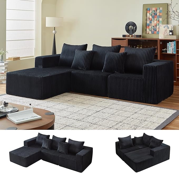 102" Cloud Couch for Living Room,Boneless Couch with Oversized Chaise,Deep Seat Sofa with 5-Pillows for Bedroom,Corduroy Sofa in A Box,Black