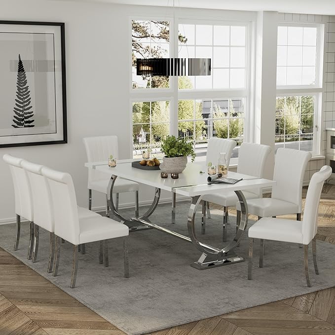 ACEDÉCOR 80" White and Silver Dining Table for 6-8, Modern Large Rectangular Lacquer Top and Chrome Metal U Shaped Base