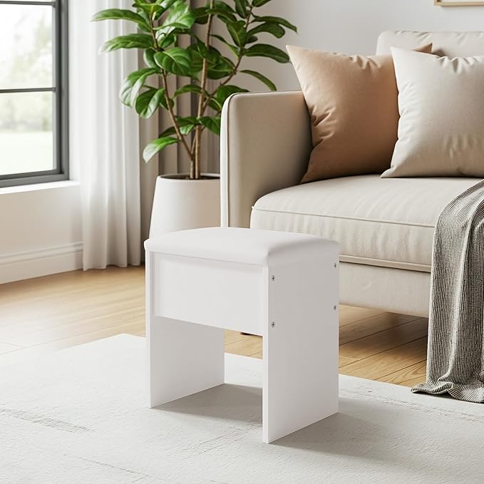 Small Makeup Vanity Stool,15.7" W x 10.2" D x 16.7" H，White（Easy Assembly,PU Cushion Mat, Footstool）