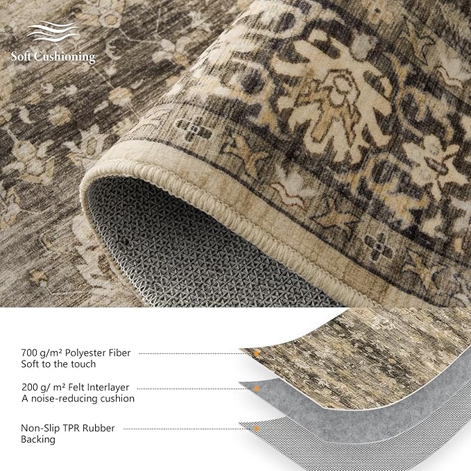 9x12 Large Rugs for Living Room Washable Boho Farmhouse Area Rugs Soft Faux Fur Low Pile Non Slip Stain Resistant Vintage Euro Floral Carpet Rug for Bedroom Dining Room Family Room,Hazel Brown