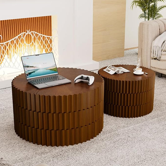 Round Nesting Tables - Handcraft Relief Veneered Walnut Fluted Circular Coffee Table Set of 2 with Non-Slip Bottom Pads for Living Room Balcony Bedroom Study (B 26.8+19.7in)