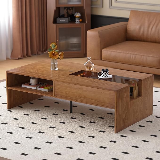 Modern Wood Coffee Table with LED Lights, 51.18" Rectangular Living Room Center Table with Glass Display, Hidden Compartment & Open Storage Shelves, Contemporary Coffee Table for Home Décor