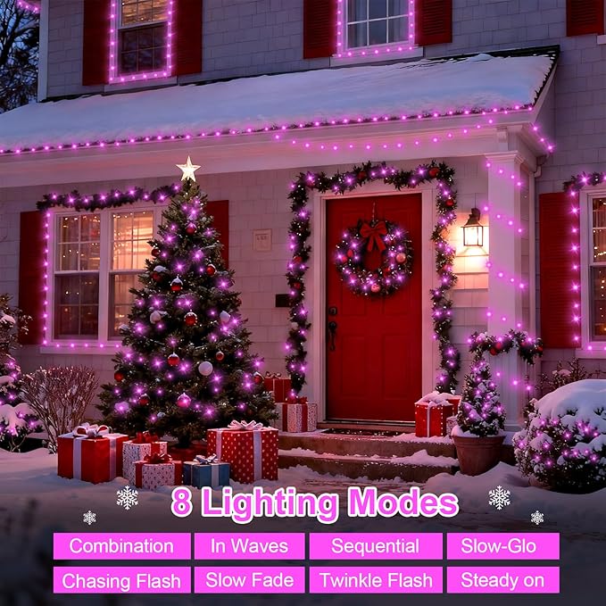 QITONG Pink Christmas Lights Outdoor, 165ft 500 LED String Lights Plug in, Clear Wire Twinkle Xmas Lights Indoor with 8 Modes