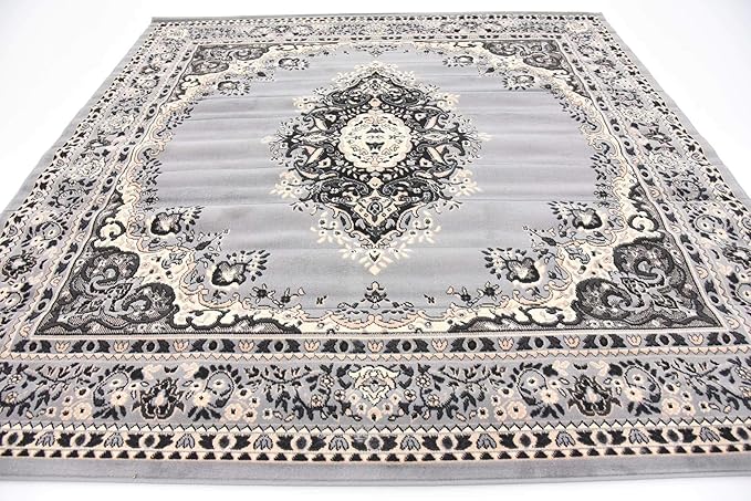 Unique Loom Reza Collection Traditional Persian Style Area Rug, 8' 0" x 8' 0", Gray/Ivory