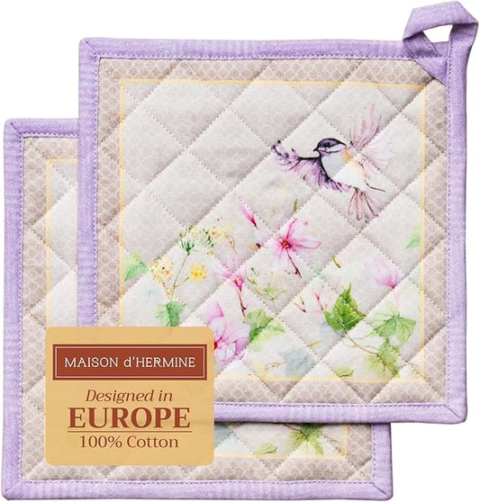 Maison d' Hermine Pot Holders Set 100% Cotton Heat Resistant Potholders 8" x 8" Hot Pads with Loop BBQ, Cooking, Grilling, Kitchen, Handling Hot Pans Spring/Summer (Pack of 2, Magnolia Mornings)