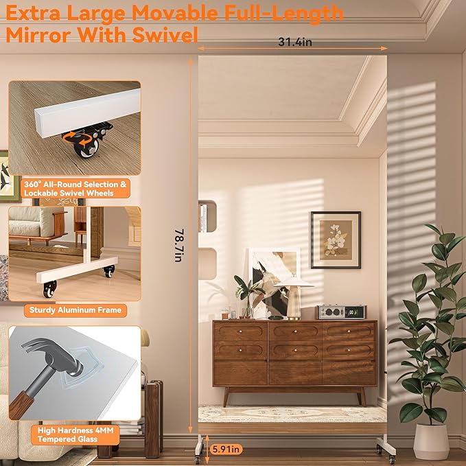 Hasipu Home Gym Mirror 360° Swivel on Wheels, 78.7" x 31.4" Extra Large Full Body Rolling Mirror for Yoga Studio, Bedroom, Dancing Studio, White