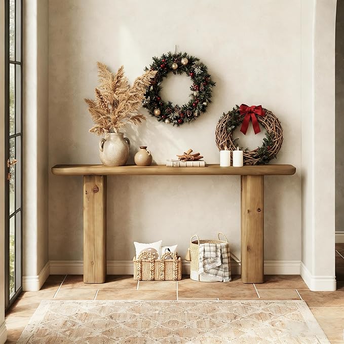 63-Inch Solid Wood Console Table, Wooden Sofa Table Behind Couch, Farmhouse Entryway Table, for Living Room, Foyer, Hallway, Entrance, Easy Assembly, Rustic Brown