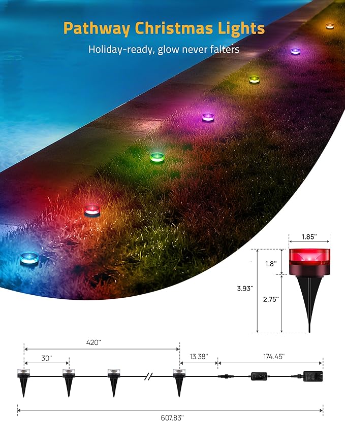 Christmas Pathway Lights, 50FT with 15 RGBIC LED Light with App Control, Waterproof Outdoor Ground Lights for Outside Roofline Decor, Pathway Decor, Walkway,Party, Holiday Xmas Decoration