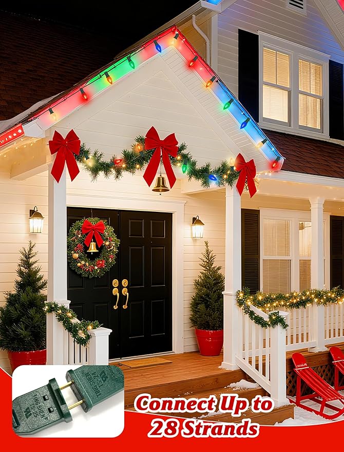 C7 LED Christmas Lights Outdoor,25FT Multicolor C7 Christmas Light with 27 0.6w Diamond Bulb Fit E12 Base,Xmas Lights Outdoor for House, Yard, Garden, Christmas Tree Decoration, Green Wire