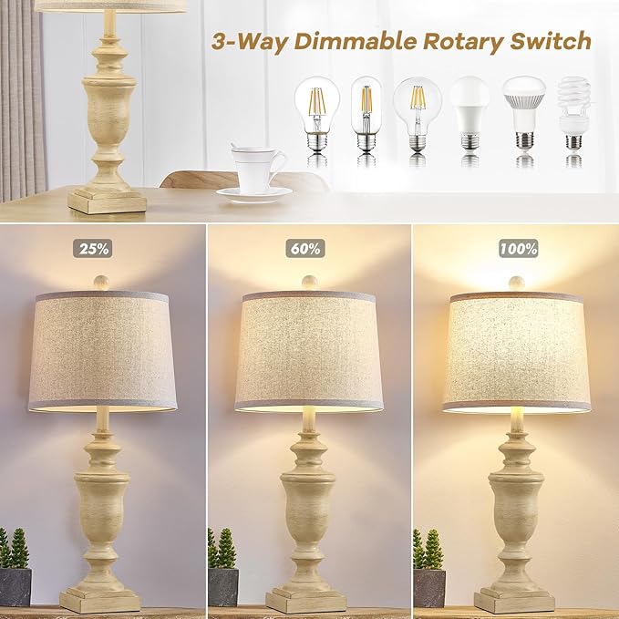 27.5" Vintage Farmhouse Table Lamps Set of 2 Bedside Lamp, 3 Way Dimmable Bedroom Lamps with 2 USB Ports +AC Outlet Nightstand Lamp Rustic Lamp (Rotary-Antique Beige)