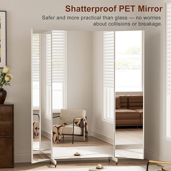 brisafe Full Length Mirror with 360° Wheels, 71"x71" Foldable Floor Mirror with Nano-Tech Shatterproof Film - Ultra-Large Mobile Mirror for Home Gym, Dance Studio & Commercial Spaces (White)