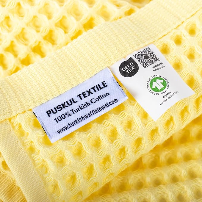 Püskül - Luxury Waffle Towel Set for Bathroom 4 Pieces Yellow, Premium Quality Organic 100% Turkish Cotton 2 Hand and 2 Bath Towels Sets, Quick Dry Thin Waffle Towels, Made in Turkiye (Light Yellow)