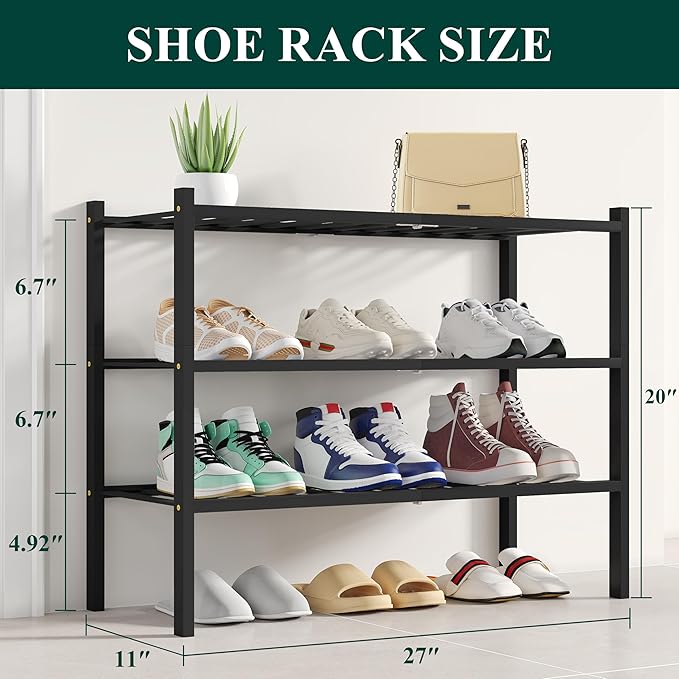 Smiry Shoe Rack, 3 Tier Bamboo Shoe Organizer, Stackable Free Standing Wooden Shoe Storage Shelf for Closet, Entryway, Front Door Entrance, Black