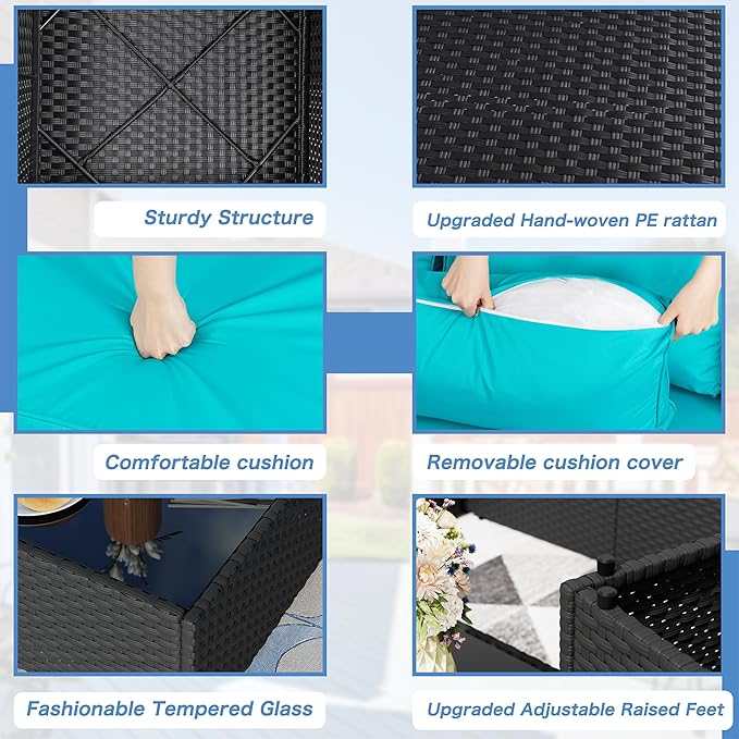 Shintenchi 5 Pieces Outdoor Patio Sectional Sofa Couch, Black PE Wicker Furniture Sets, Patio Conversation Sets with Washable Cushions Glass Coffee Table for Garden, Poolside, Backyard,Blue