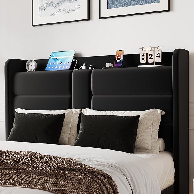 SHA CERLIN Queen Size Bed Frame with Charging Station & Storage Headboard, Velvet Platform Bed with Upholstered Modern Wingback Design, Wooden Slats Support, No Box Spring Needed, Easy Assembly, Black