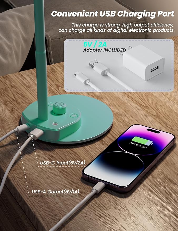 BOHON LED Desk Lamp with USB Charging Port, 3 Color Modes Fully Dimmable Reading Lamp, Auto Dimming Task Lamp, Flexible Neck Table Light for Office Dorm Bedside, Adapter Include, Teal