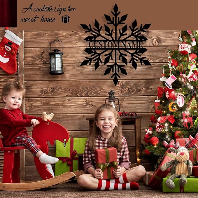 Personalized Christmas Snow Metal Sign, Custom Name Metal Snow Sign Wall Decor, Merry Christmas Signs Outdoor Wall Decoration for Home Living Room, Bedroom, Office, Garden, Porch