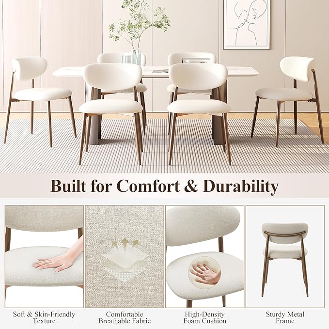 Dining Chairs Set of 4, Upholstered Dining Room Chairs with Metal Legs and Anti Slip Pads, Curved Back Kitchen Chair for Home and Restaurant Use, Beige