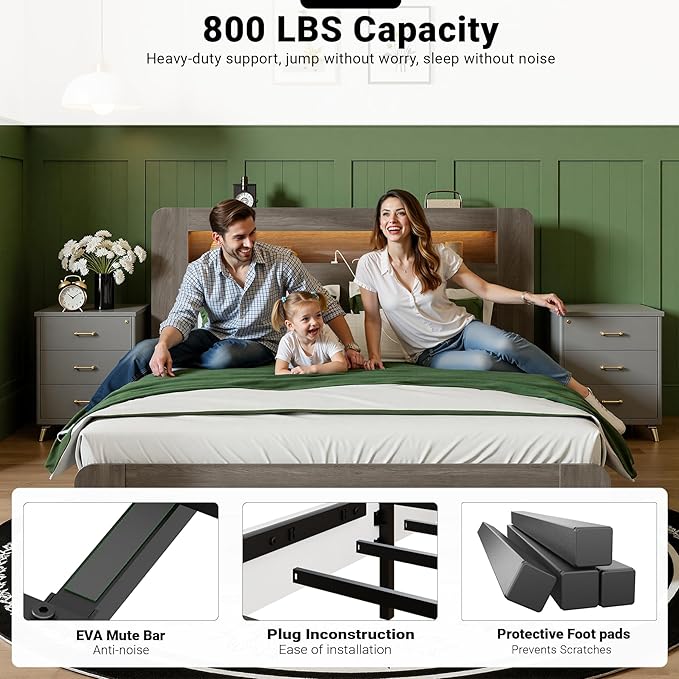 Full Bed Frame with Headboard, Wooden Platform Bed Frame Full Size with Bookcase Shelf, LED Lights, Charging Station, Heavy Duty Supports, No Box Spring Needed,Dark Grey