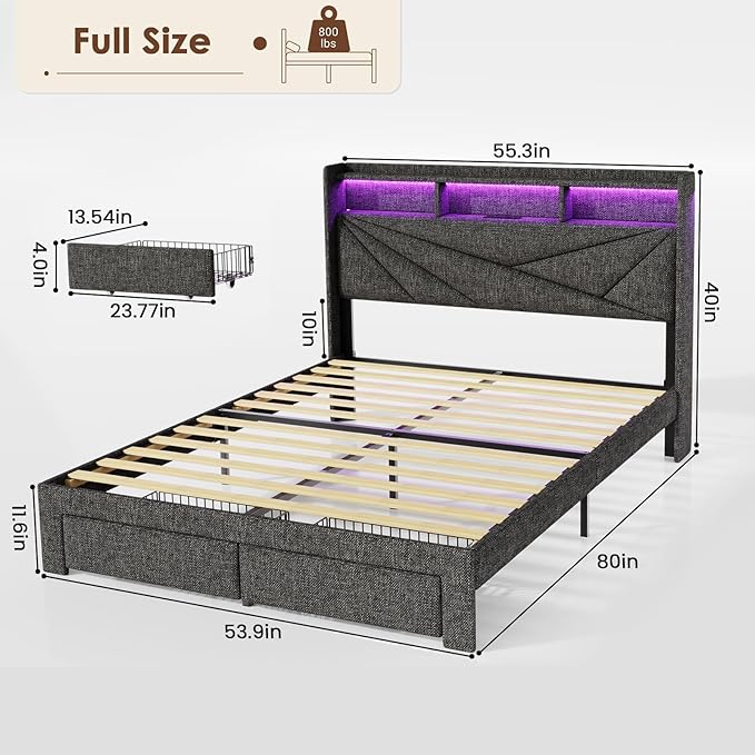 LED Full Size Bed Frame with 2 Storage Drawers, Upholstered Full Bed Frame with Headboard and Charging Station, No Box Spring Needed, Easy to Assembly-Dark Grey