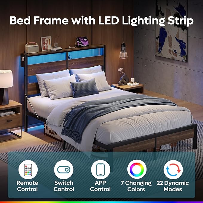 Bestier Full Bed Frame with Headboard Storage and Charging Station, Walnut Platform Bed Frame with LED Light, Non-Slip Metal Bed Frame Full Size, Noise-Free, Easy Assembly, Walnut