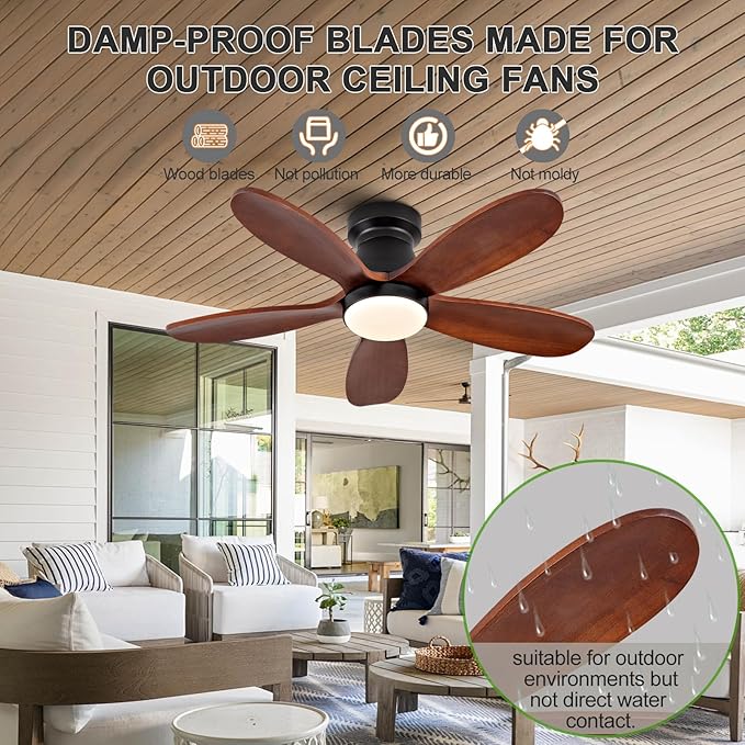 36 Inch Flush Mount Ceiling Fans with Lights and Remote, Dimmable, Wall Switch, 5 Blades Wood Ceiling Fan with Light, Low Profile Outdoor Indoor Modern Ceiling Fan for Bedroom Patio (Black Walnut)
