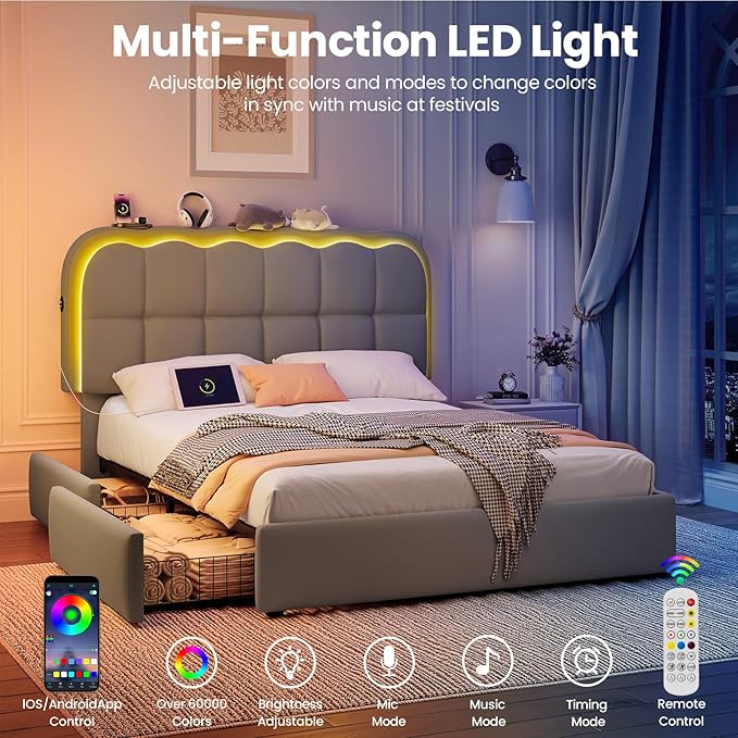 Full Size Bed Frame with 4 Storage Drawers and LED, Adjustable Clouds Headborad, Velvet Upholstered Platform Full Bed Frame with Charing Station, Wood Slats Support, No Box Spring Needed,Grey