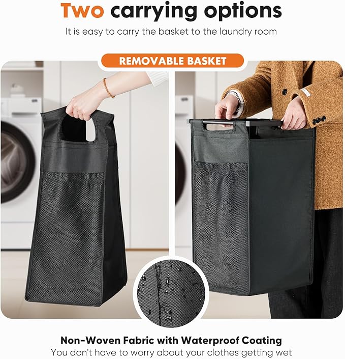 Sweetcrispy Laundry Hamper with 1 Pull-Out Removable Sorter Bags, Movable Wheels, Freestanding Clothes Basket Organizer in Bathroom, 1 × 18.3Gal (69L) Capacity, Rustic Brown and Black