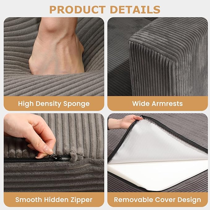 Convertible Futon Sofa Bed with Ottoman, 5 in 1 Folding Couch Bed Loveseat Sleeper, Corduroy Boneless Couch with Deep Seat for Living Room Chaise Lounge Chair Indoor, No Assembly Required, Grey