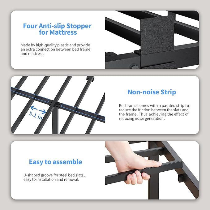 ROIL 4 inch Full Size Bed Frame with Round Corner Legs Mattress Retainers 3500LBS Heavy Duty Steel Slats No Box Spring Needed Platform Noise-Free Easy Assembly