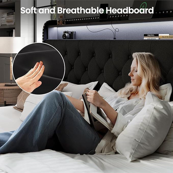 LARMACE King Size Bed Frame with 4 Storage Drawers Velvet Upholstered Tufted Bed Frame King Platform with LED Lights&USB Type-C Charging Station,Heavy Duty/No Box Spring Needed, Easy Assembly,Black