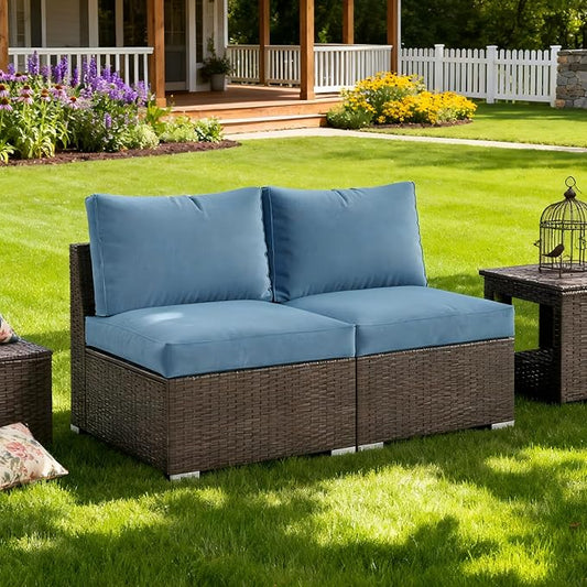 Wisteria Lane Patio Furniture Set, 2 Pieces Armless Wicker Outdoor Furniture Patio Couch with Washable Cushions, Oversized Outdoor Sectional for Garden, Poolside, Backyard, Blue