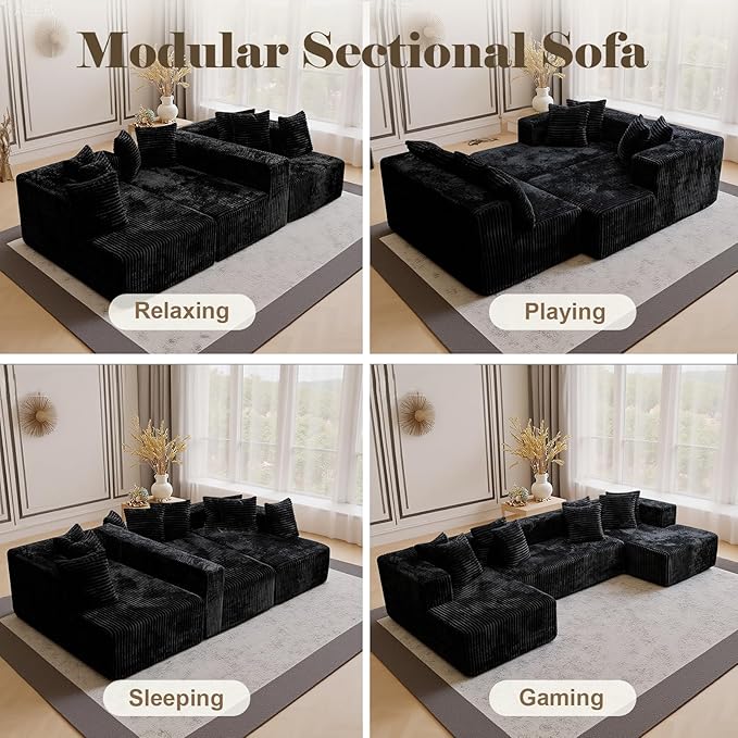 106'' Boneless Couches for Living Room, L Shaped Modular Sectional Sofa with Chaise Lounge, Faux Rabbit Fur & Layered Cushion Deep Seat Cloud Couch, No Assembly (Black, 130 U Shaped)