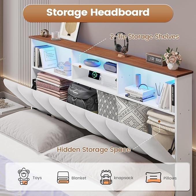 AOGLLATI Full Bed Frame with Stylish Bookcase Headboard & Charging Station & LED Lights,Full Size Bed Frame with 4 Storage Drawers, Metal Slats, No Box Spring Needed,White