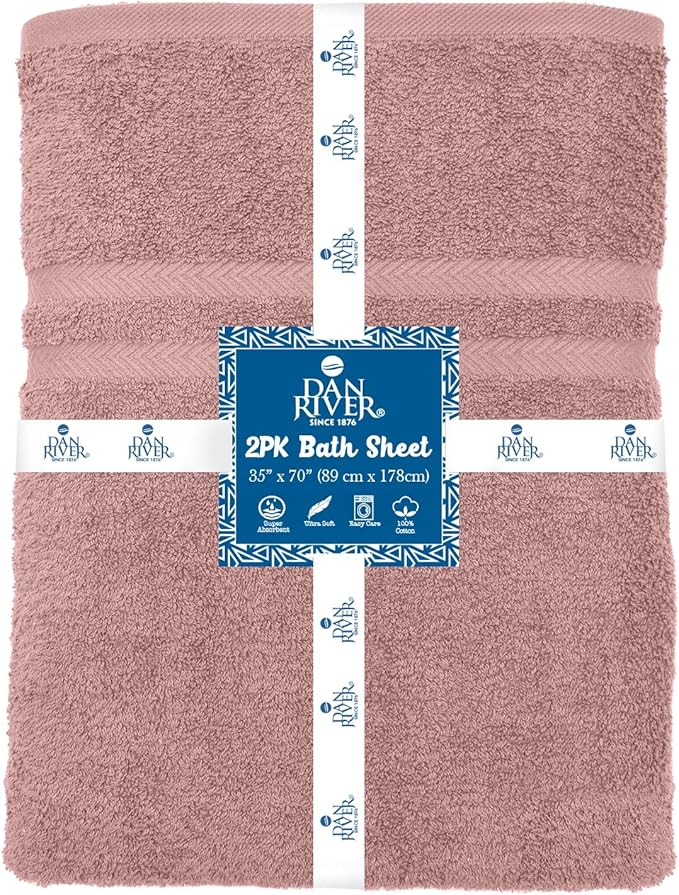 DAN RIVER 2 Pack Luxury Bath Sheets 35x70, 600 GSM, Soft & Quick Dry 100% Ring Spun Cotton Towels Ideal for Hotels, Spas, Gyms & Salons Extra Large, Dusty Pink