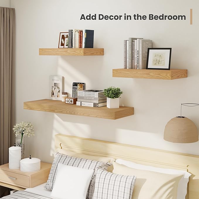 Heimlove 24 x 12 Inch Deep Floating Shelves Wall Mounted with Invisible Brackets,Storage Hanging Shelf for Wall Decor in Bathroom, Bedroom, Toilet, Kitchen, Living Room, Office Set of 2 (Oak)