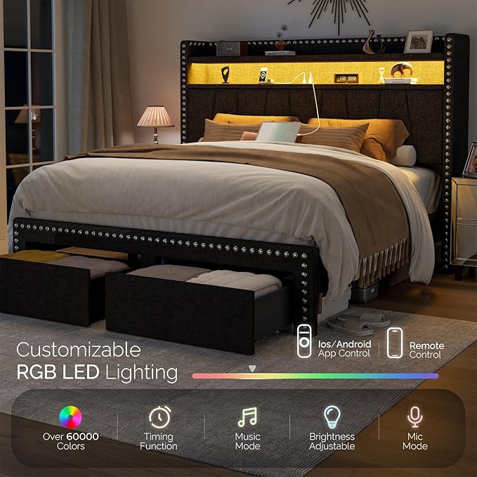 Queen Size Bed Frame with Storage Headboard and Drawers Modern Rivets Upholstered Bed Frame with LED Charging Station Queen Bedframe No Box Spring Needed