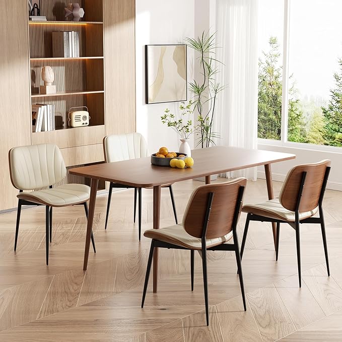 Dining Chairs Set of 2, Mid Century Modern Dining Room Chair, Upholstered Faux Leather Kitchen Chairs with Walnut Bentwood Back and Metal Legs for Kitchen Dining Room Living Room, Beige