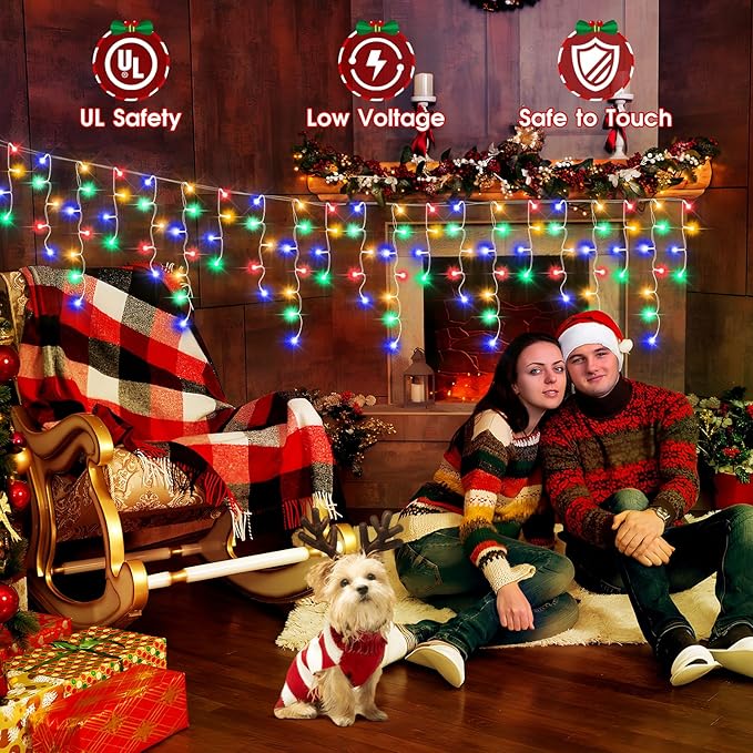 Hezbjiti 2Pack Total 800LED Ice Lights 33FT Christmas Lights String Lights Outdoor Decoration 8 Modes 150 Drops Fairy Lights for Eaves Party Yard Garden Xmas Decor（Multicolor）