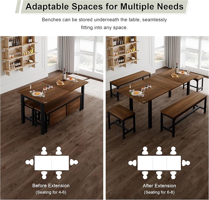 Feonase 5-Piece Dining Table Set for 4-8 People, 63" Extendable Kitchen Table with 2 Benches and 2 Square Stools, Mid-Century Modern Wooden Dining Room Table, Space-Saving, Walnut