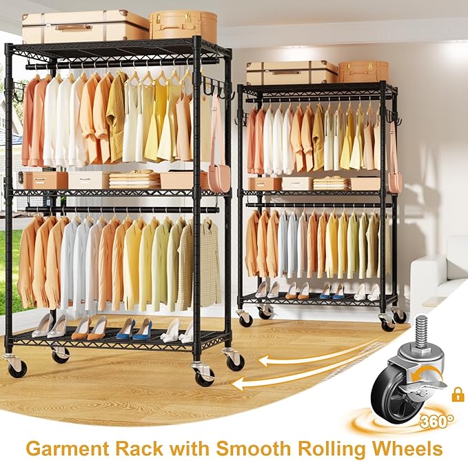 P1 Rolling Clothes Rack, Portable Wardrobe Closet with Wheels, Heavy-Duty Closet Clothing Rack for Hanging Clothes, 35.5" W x 15.7" D x 80.5" H, Hold 500lbs, Black