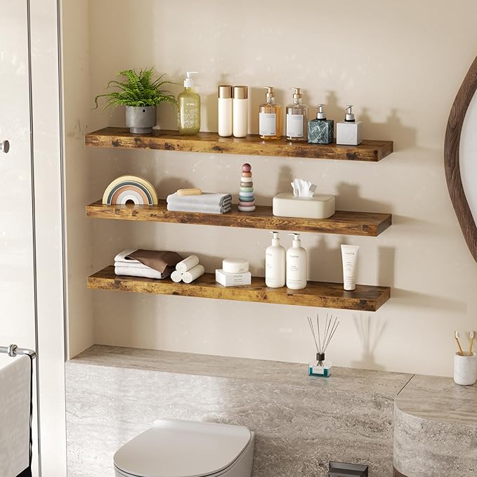 Colima Bathroom Floating Shelves for Wall, 36" Floating Wall Mounted Shelf, Rustic Wood Storage Display Shelves for Home Organization, Bathroom, Kitchen, Living Room (Set of 3, Rustic Brown)