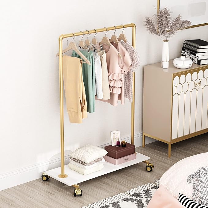 Gold Metal Clothing Rack with Wood Shelf, Heavy Duty Rolling Garment Rack with Wheels for Bedroom Retail Boutique Use (37.4L inches)
