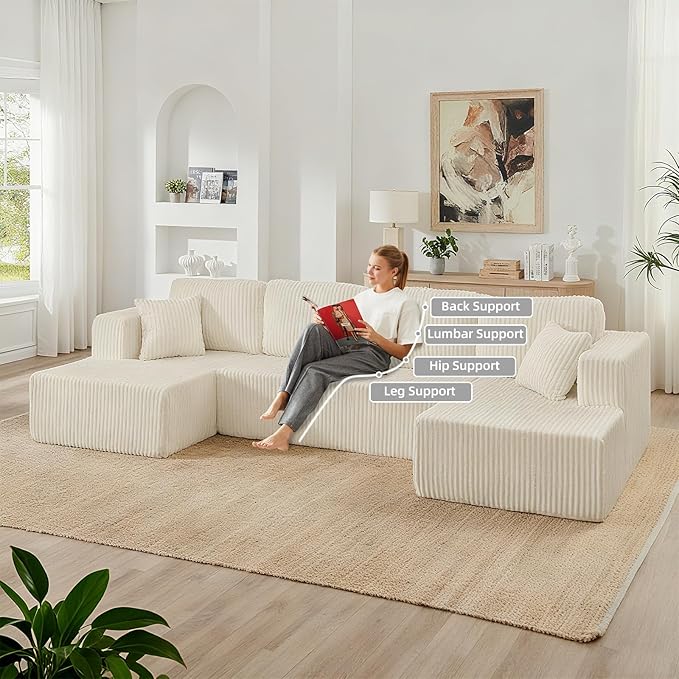 134 Inch Cloud Sectional Couch with L-Shape Chaise,Modern Upholstered Couches with Deep Seat,Corduroy Sponge Compressed Sofa for Living Room,No Assembly Required (Off White, U-Shaped Sofa)